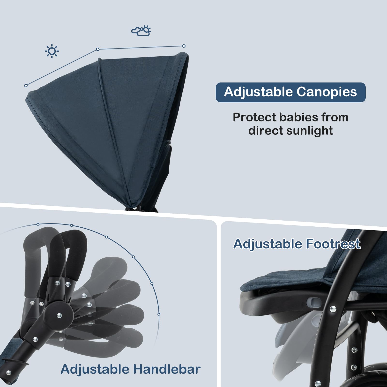 GYMAX Passeggino a doppio sedile con maniglia regolabile, baldacchino staccabile e poggiapiedi, passeggino pieghevole per viaggi, shopping e appendere fuori (blu navy)
