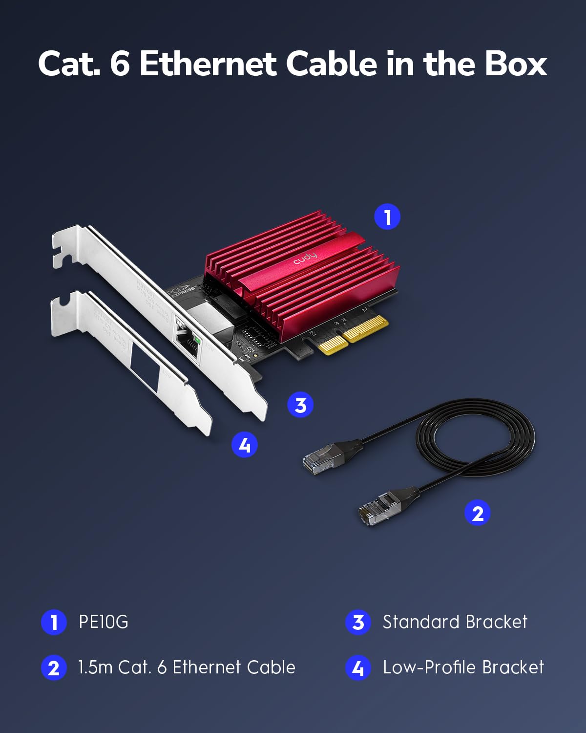 Cudy Karta sieciowa 10 GB PCIe, adapter 10G Base-T, Flow Control, 10 Gigabit Ethernet adapter do Windows 11/10, Windows Server 2022 i Linux, w zestawie kabel sieciowy