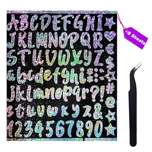 616Pcs Glitter 1 Inch Letter Stickers 8 Sheets Self Adhesive Vinyl Alphabet Stickers Waterproof Name Stickers for Water Bottles Scrapbook Letter Sticker Holographic with Tweezers