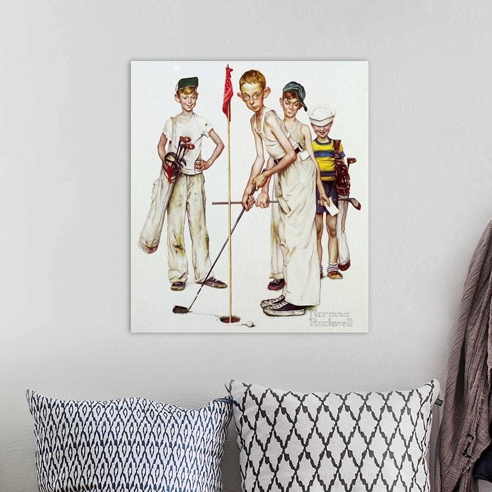 Colorful DIY Paint by Numbers for Adults Beginner Kids Oil Canvas Painting Kits Easy Drawing Paintwork with Brushes Acrylic Pigment,Home Decoration — Four Sporting Boys Golf, by Norman Rockwell