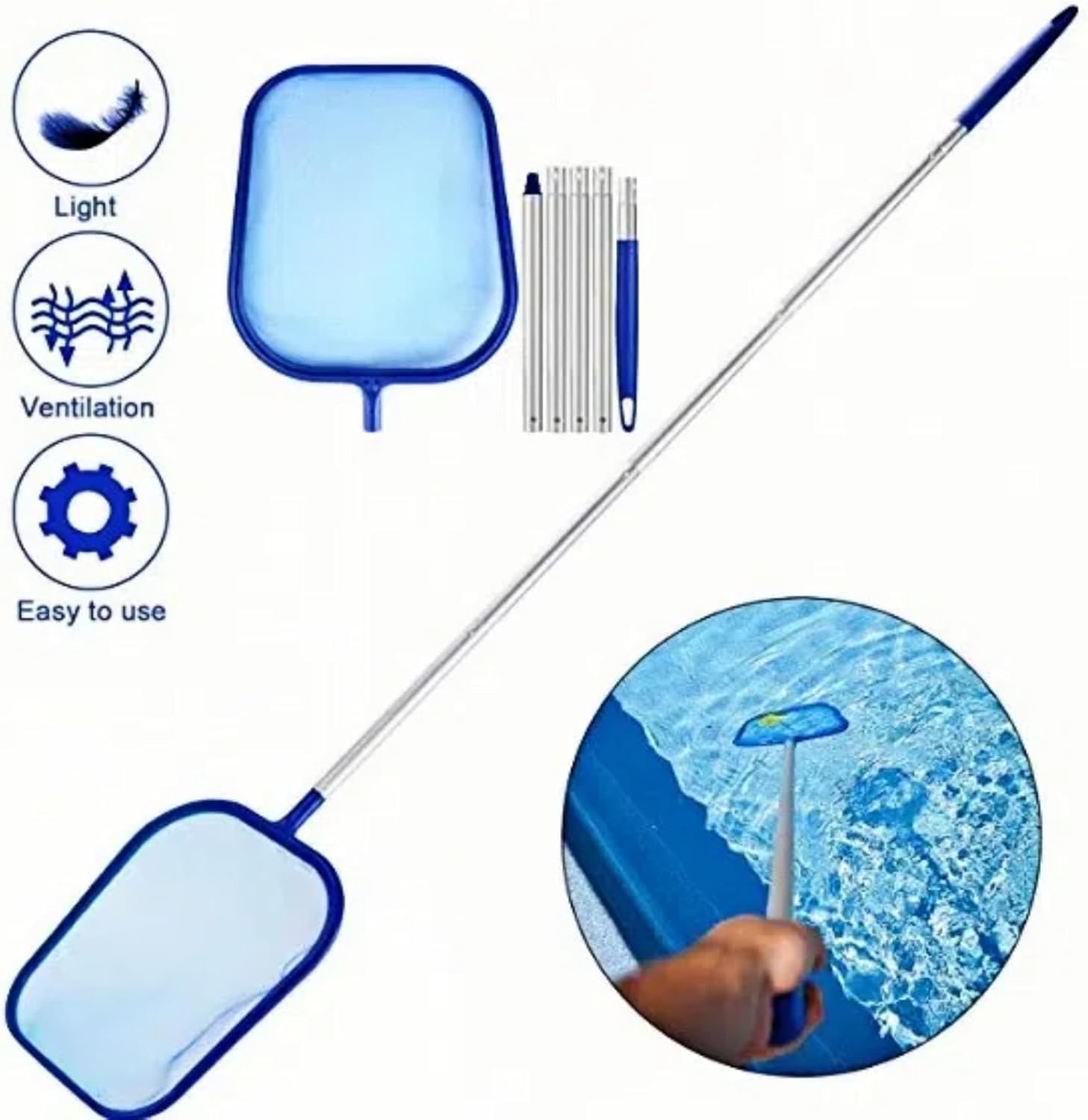 Swimming Pool Skimmer Net (160cm/63 Inch), Upgraded Pool Cleaning Net, Pool Leaf Rake with Fine Mesh Net with 5 Section Aluminum Telescopic Pole for Cleaning Leaves in Pools, Fountains, Ponds and Spas