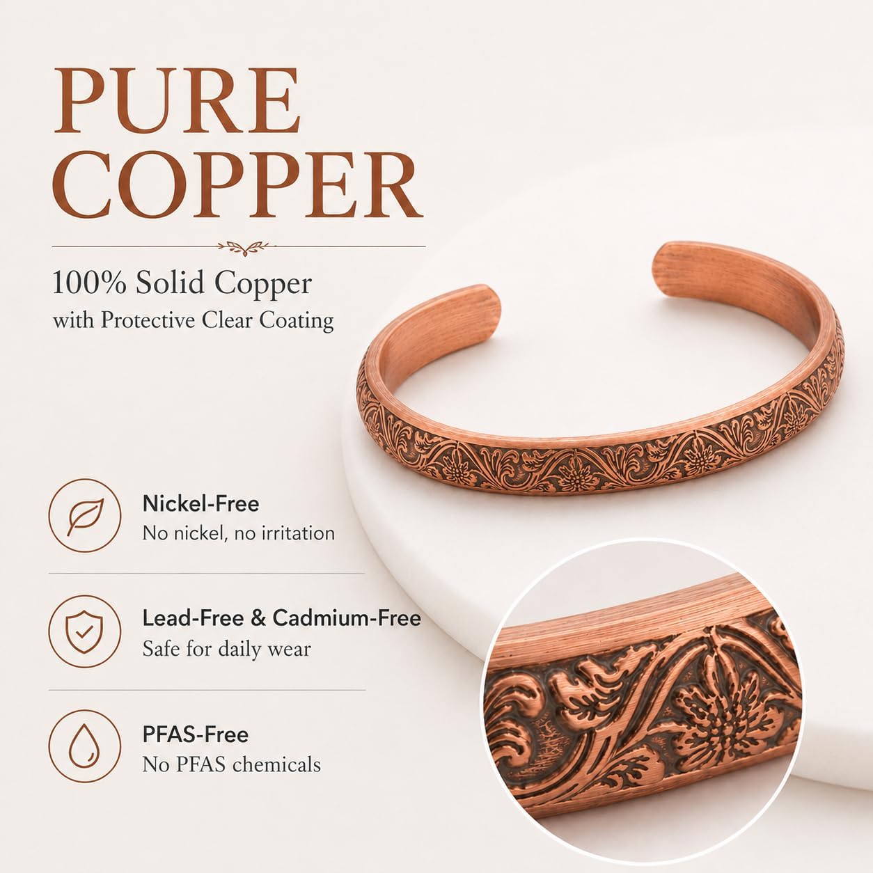 Pure Copper Bracelet – Copper Bracelet for Men & Women – 100% Solid, Raw Handmade Tibetan Cuff Bangle(Classic Vintage Carved Design)