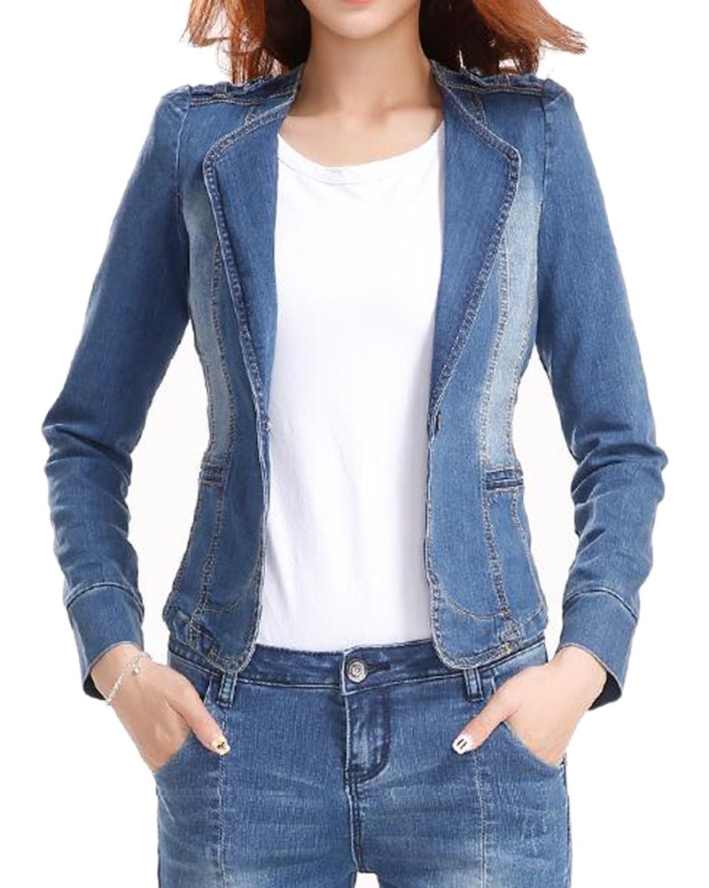 Women's Slim Fitting Lapel Denim Blazer Jacket Blue Without Hood US 4