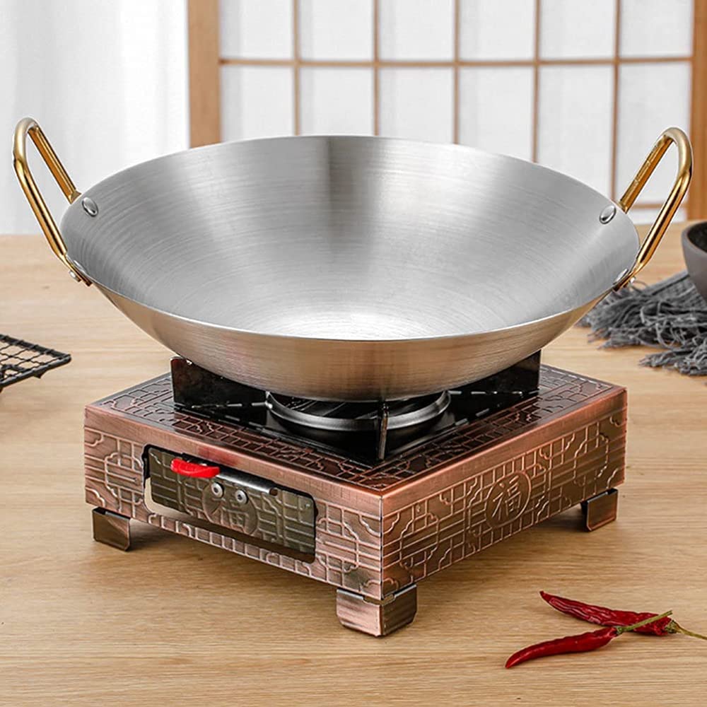 Padella per paella in acciaio inox spesso, forma rotonda, wok in stile cinese per casa, esterno, ristorante, 27,8 x 7,2 cm