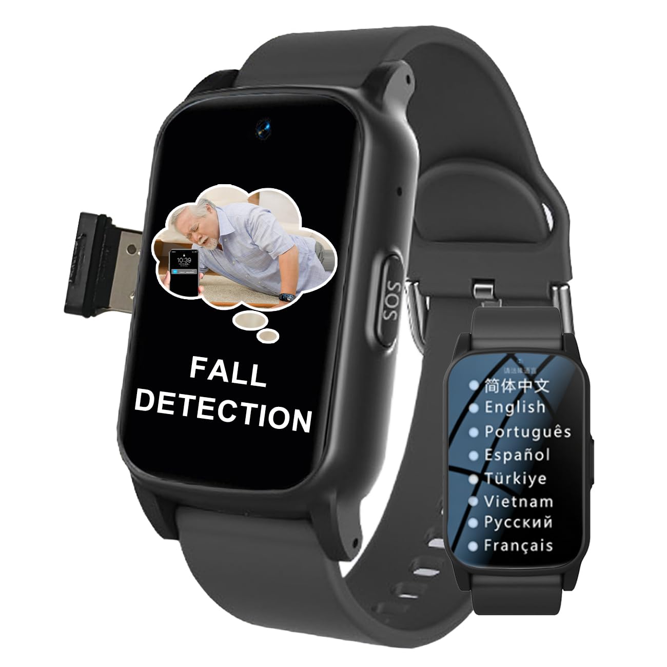 Intelligente con Rilevamento delle Cadute Bracciale SOS Anziani Salvavita Chiamata di Emergenza SOS, Orologio Salvavita per AnzianiBlack,1.25 * 0.57 * 2.22inch