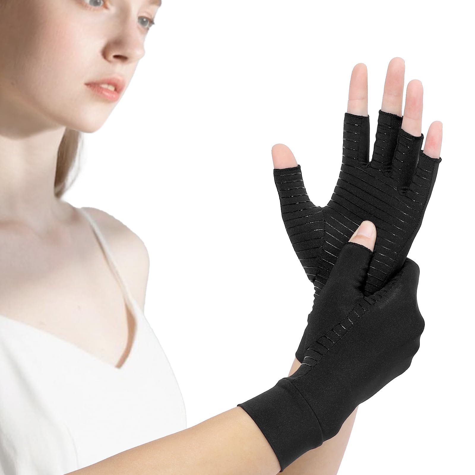 compression arthritis gloves for women and men,copper infused black fingerless apparel gloves for carpal tunnel syndrome,hand pain,swelling,tendinitis,rheumatoid relief.