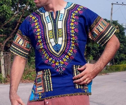 RaanPahMuang Unisex African Bright Dashiki Cotton Shirt Variety Colors, Medium, Dark Blue - Thumbnail 3