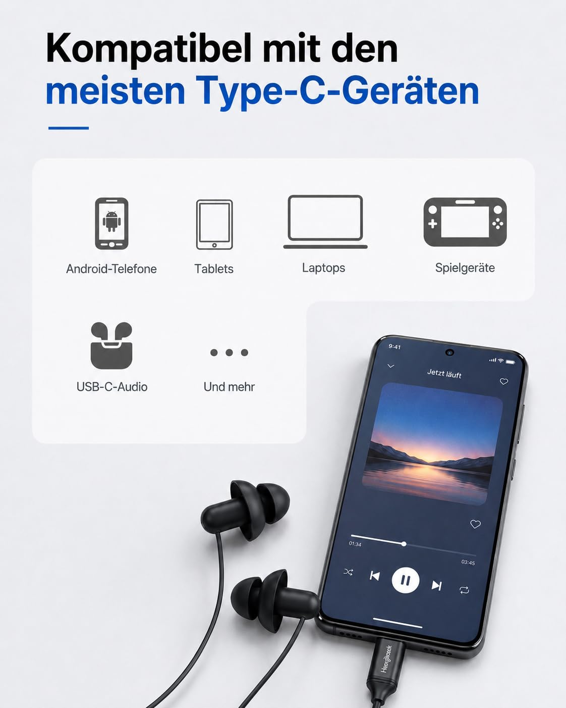 Hearprotek 2 Paar USB c-Schlaf-Ohrhörer, Kopfhörer mit Mikrofon-Silikon-Geräuschisolierung Typ c-Ohrhörer für Android-Telefone, ideal zum Schlafen, Entspannung, Schnarchen