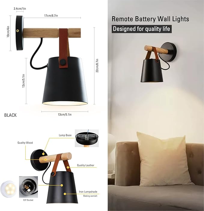 Hanghaijia 2 STKS batterij aangedreven riem wandlampen, draadloze lampen slaapkamer badkamer gang trap externe wandkandelaars (kleur: zwart, maat: warm licht) photo 2