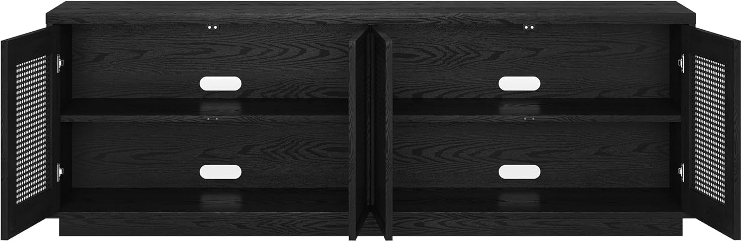 Henn&Hart TV Stand for TVs up to 78" with 2 Concealed Storage Cabinets, Rattan Insert Detailing, and Adjustable Shelves for Living Room, Family Room, or Office, Natural Black