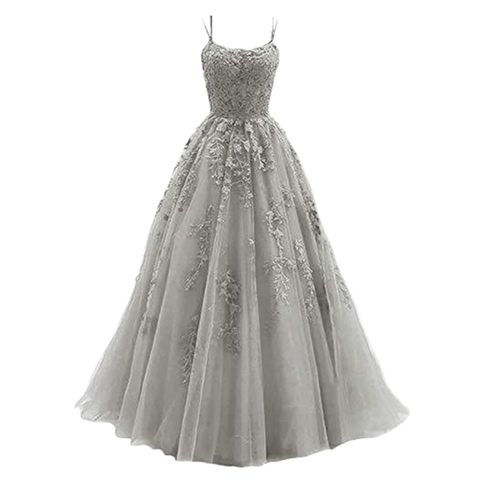 Vestido de Largo con Apliques de Encaje y Tul con Tirantes para Mujer