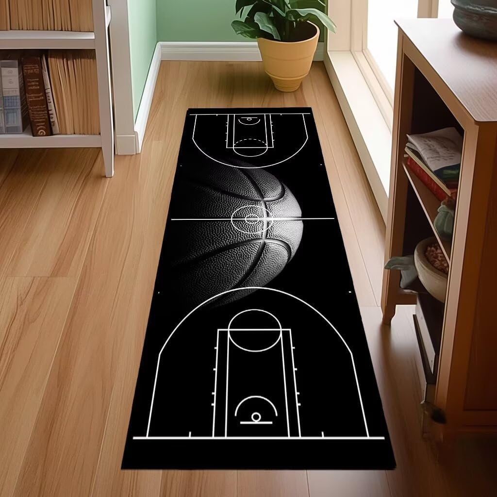 Basketball Rug 2x6 Throw Rug Sports Kitchen Runners Ultra-Thin Low Pile Carpet Washable Hallway Rugs Basketball Court Rugs Black Non-Slip Floor Carpets for Bedroom Bathroom Living Room Kitchen