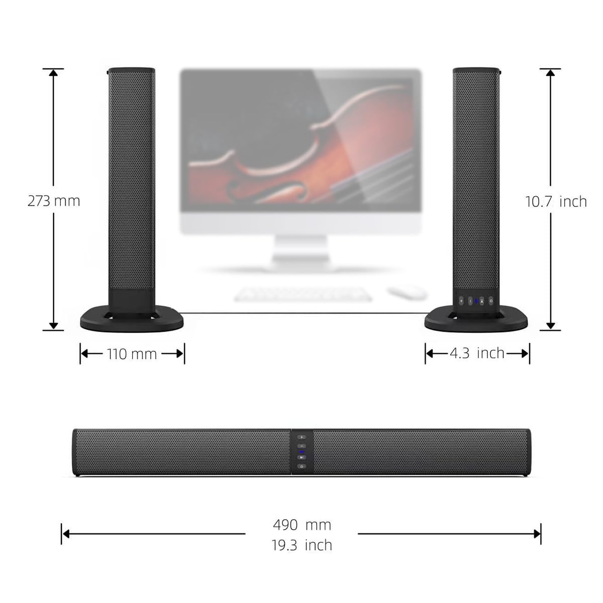 Soundbar per TV, Soundbar Bluetooth 2 in 1, altoparlanti per PC da 20 W, soundbar con USB, TF, FM, TWS, RCA e AUX, 4 altoparlanti, batteria 2000 mAh, RCA