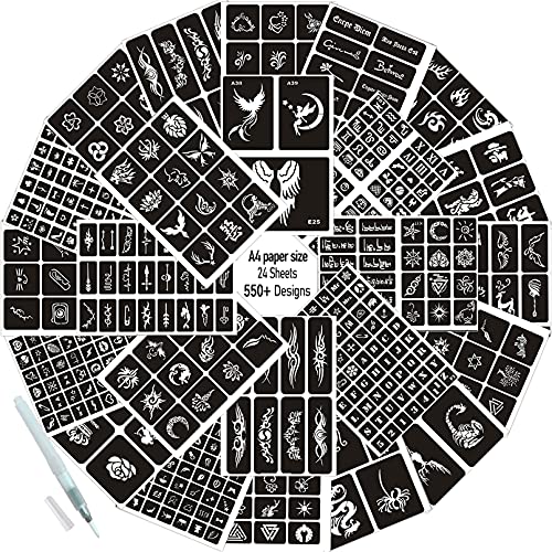 Aresvns 550+ PCS Temporary Tattoo Stencils with Body Painting Pen ,24 Sheets Henna Tattoo Templates Reusable for Women ,Glitter Tattoo Stencils,Airbrush Tattoo Stencils,Body Art Template