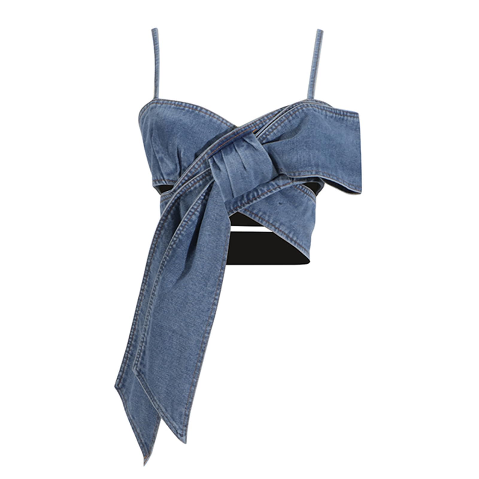 Canotte Corte Senza Maniche con Fiocco sul Davanti da Donna Canotte con Cinturino per Spaghetti in Denim Top A Fascia Sexy Bustier,Blu,XL