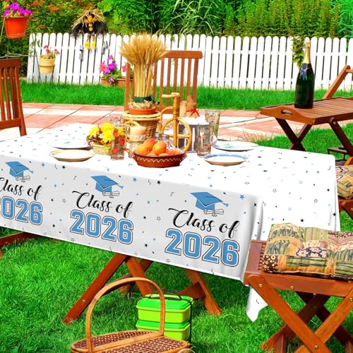 Image of 2026 Graduation Decorations,Congrats Grad Tablecloth 2pcs White Teal Class of 2026 Table Covers Rectangle for Graduation Party Supplies,108x54inch (Sky Blue)
