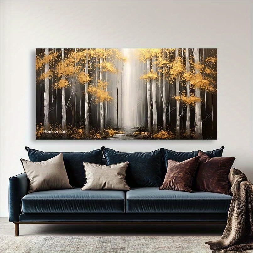Tableau abstrait Forêt dorée impression canvas haut de gamme panoramique 70x140