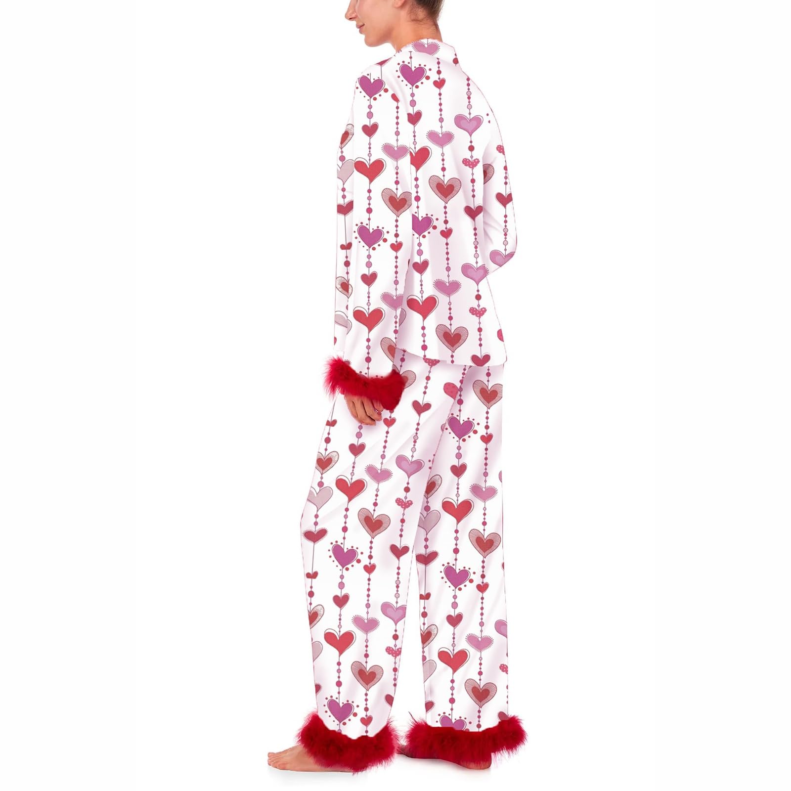 Conjunto de pijama de seda para mujer con diseño de corazón y lazo, camiseta de manga larga y pantalones, ropa de dormir de 2 piezas, pijama de satén lujoso para mujer, estampado de corazón y