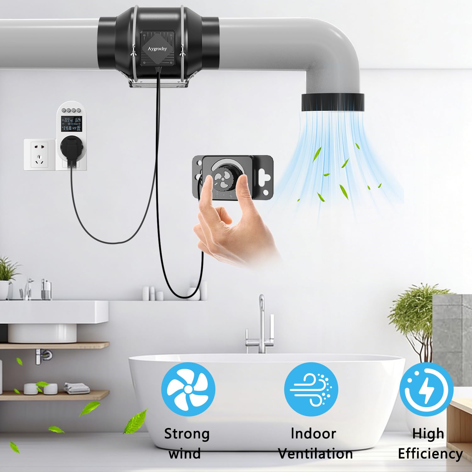 Aygrochy Ventola Aspiratore 125 mm con presa smart e sensore di umidità | Ventilatore di scarico (416 m³/h) Estrattore Aria con sensore di umidità Per Serra,Tende di Crescita,Coltura Idroponica.