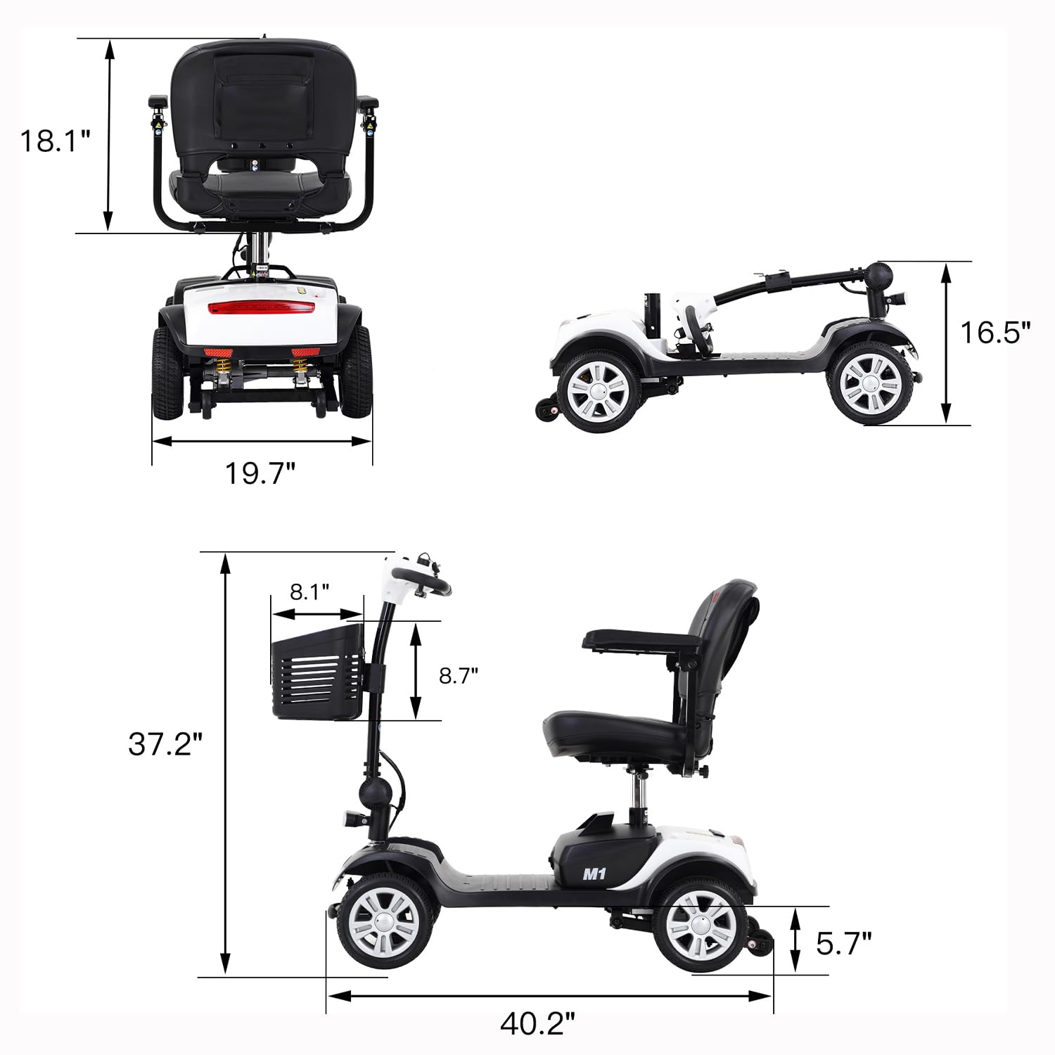 4 Wheel Mobility Scooters for Seniors-Electric Scooter Adults with Big seat-Wheelchair Long Range Power Extended Battery-12V20AH*2pcs/Charger 300 lbs Foldable Scooter -White