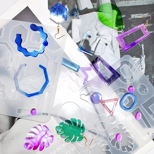 Miniatura 9 de SENHAI 4 moldes de resina para aretes, múltiples estilos, moldes de silicona epoxi para colgantes, con ganchos para las orejas, bucles abiertos y