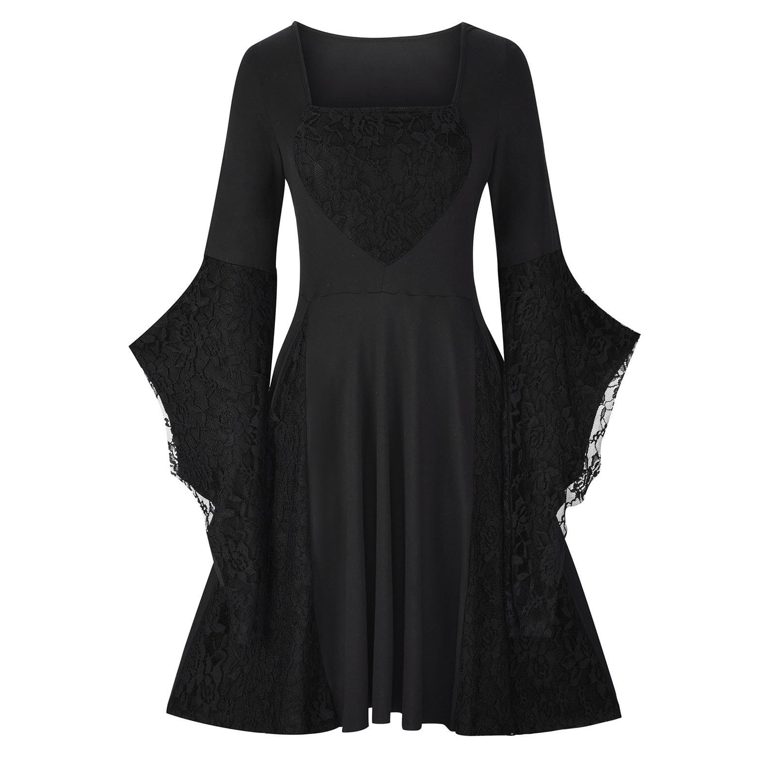 Cokbyavla Women's Black Trumpet Sleeves Gothic Retro Gown For Medieval Renaissance Costume Plus Size, Peasant Short Girl Maid Dress,