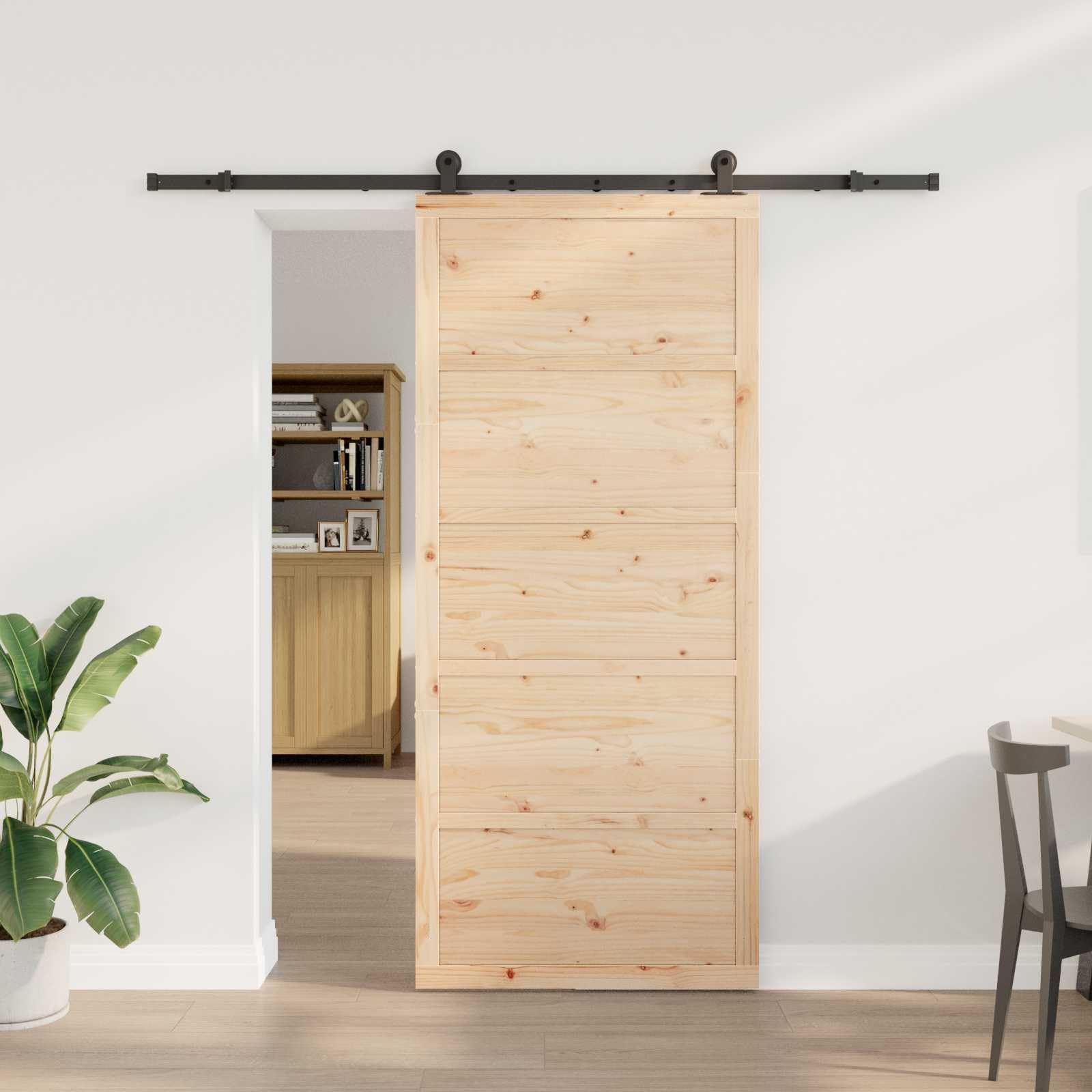 Porta scorrevole in legno di pino 100x208 con sistema scorrevole, divisorio in legno massello, per interni