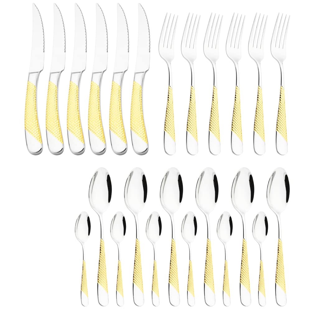 Ensemble de Couverts, Ensemble de Couverts en argenterie, Ensemble Vaisselle, 24 pièces, Couteau, cuillère, Fourchette, dîner, Acier Inoxydable, Or(24pcs Gold)