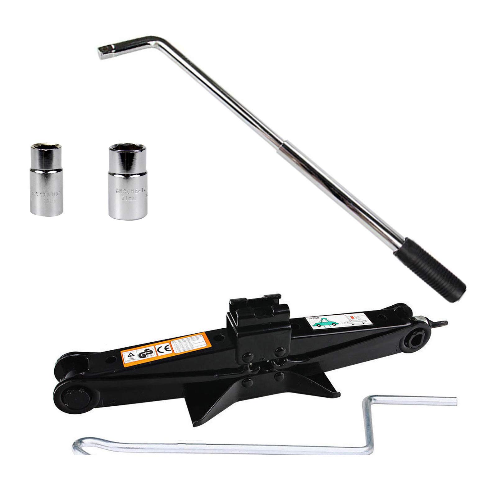 Dicn Black Telescopic Wheel Brace Lug Nut Wrench 17/19/21/23Mm + Scissor Jack Lift Wind Up 2 Ton/385Mm For Car Breakdown Roadside Emergency Uk Ship