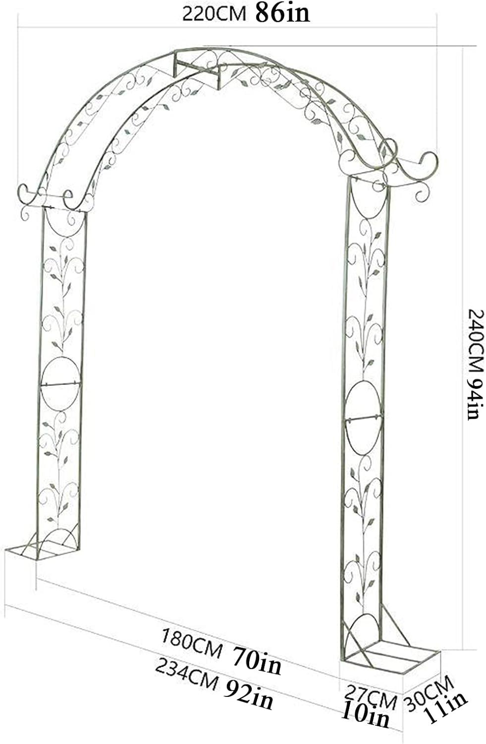 Metal Garden Arch Rose Arches,Archway for Climbing Plants,Wedding Arch with Base,Garden Gate Climbing Aid,Trellis Garden Arbor,Pergola Exterior Decoration,Weatherproof,Green,White,234 X 240 X 30 cm