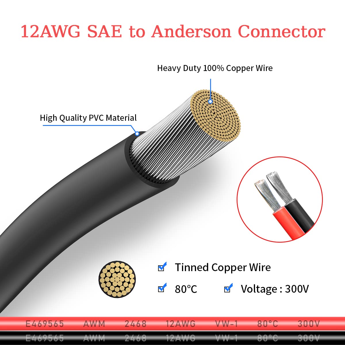 ELFCULB Cavo di prolunga da connettore Anderson da 12 AWG a SAE con adattatore inverso di polarità SAE per pannello solare portatile della centrale elettrica (2 ft
