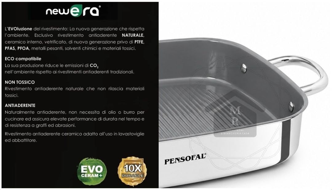 Generico Bistecchiera in Acciaio Inox, 28x28 cm, interno Antiaderente in Ceramica naturale fondo Induzione