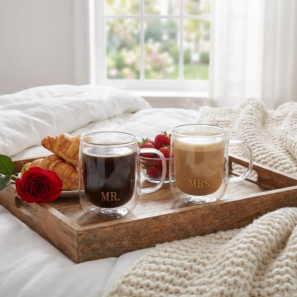 COLLECTIVE HOME - Double Walled Glass Coffee Mugs, Insulated Coffee Mug with Handle, Wedding gifts, 14oz Couple Mug Sets (MR. & MRs.)