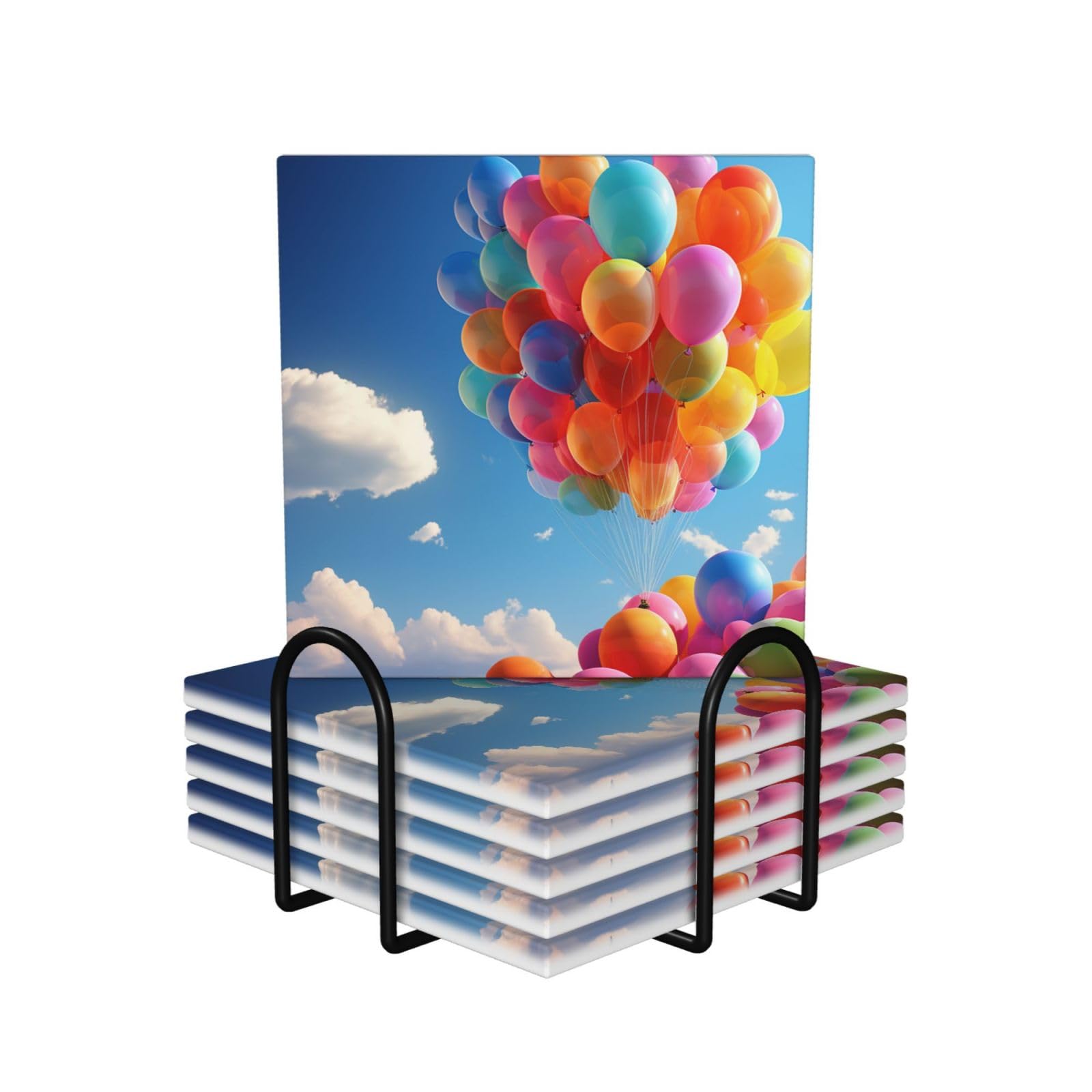 6Pcs Ceramics Coaster for Drinks, Colorful Balloon Cup Coasters with Holder, Aesthetic Drink Coasters for Coffee Table, Absorbent Round Coaster for Tabletop Protection 4" Cup Mat Pad