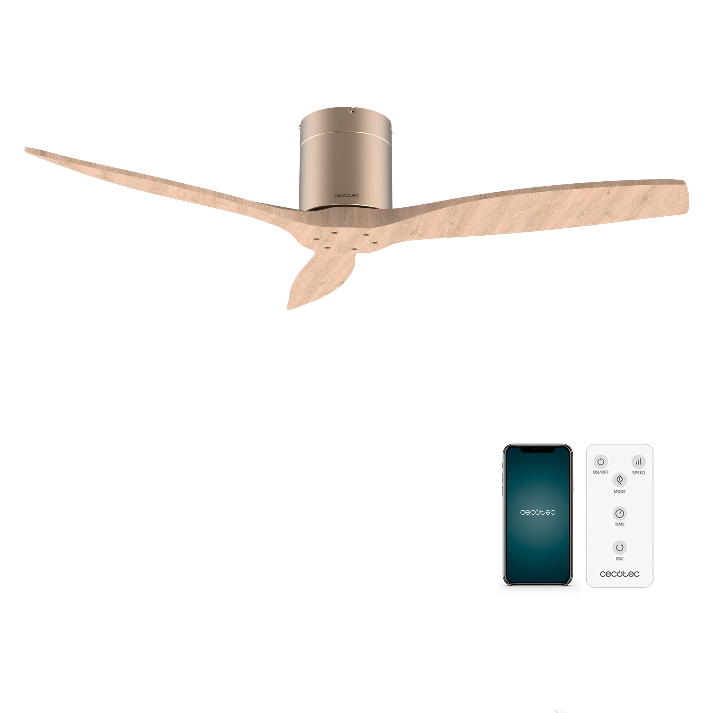 Cecotec Ventilador de Techo con Mando EnergySilence Aero 5500 Aqua GoldLightWood Connected. Motor DC 40W, 3 Aspas, Diámetro 132cm, Bajo Consumo, Wifi, Apto Exteriores, Temporizador, Verano e Invierno