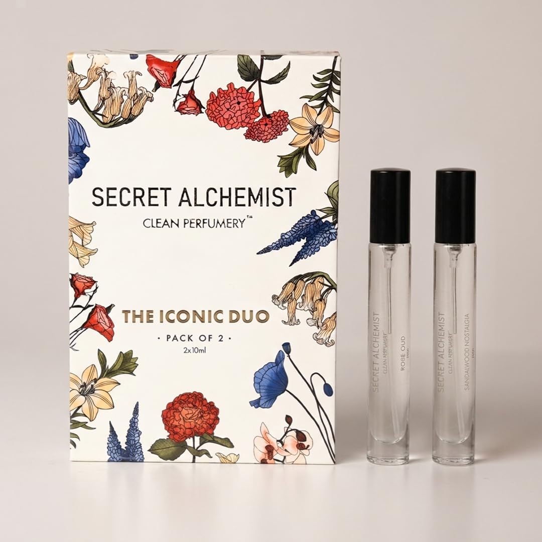 Secret Alchemist The Iconic Duo Clean Perfume Gift Set, 2 x 10ml | Rose Oud & Sandalwood Nostalgia | Long Lasting Unisex EDP Gift Set for Women & Men-image-20