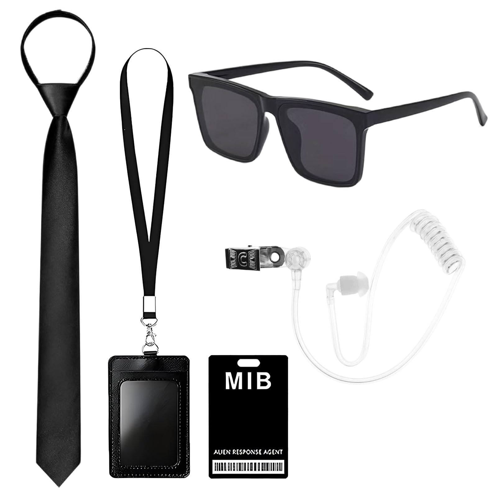 AIWXEEU 5PCS Agent Costume Accessories Set, Secret Service Costume Set, Spy Costumes Accessories with Sunglasses, Zip Tie, ID Card, Card Holder, Fake Earphones, for Men Women