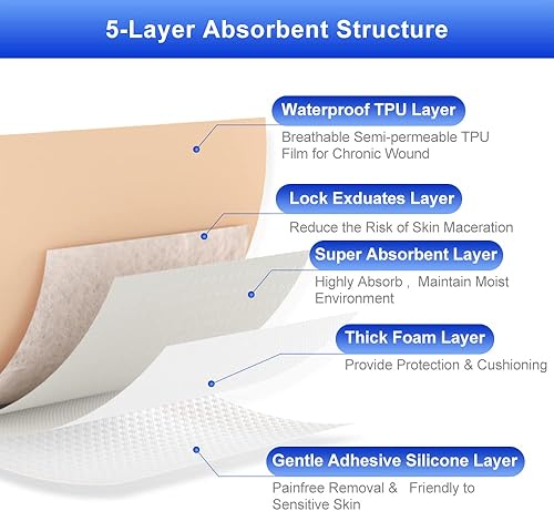 Miniatura 35 de Apósito de espuma de silicona de 4 x 4 pulgadas, vendajes de silicona impermeables con adhesivo de borde, vendajes de alta absorción, vendajes