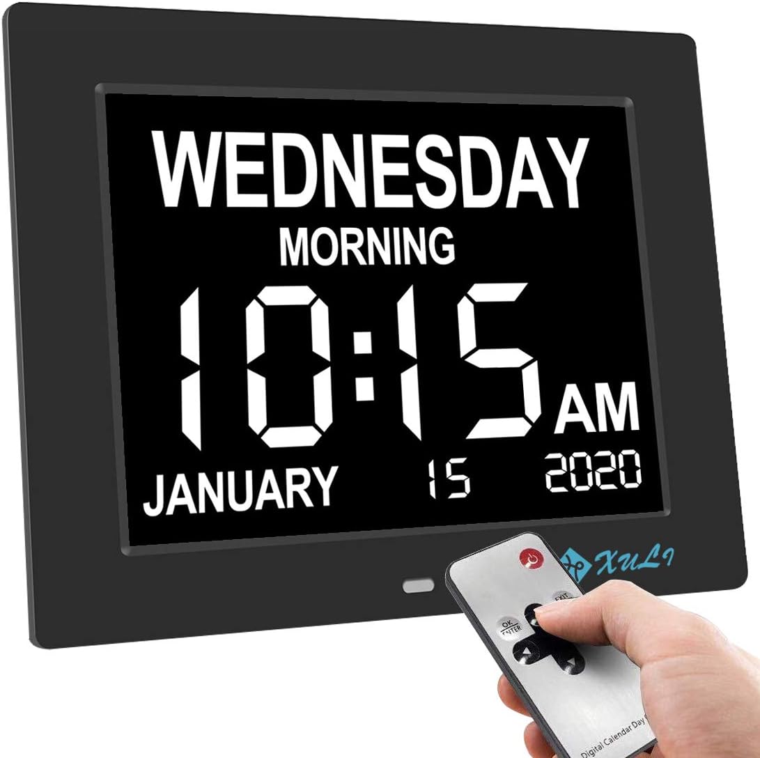 Day Clock-Upgrade XULI® Digital Alarm Clock The Original Memory Loss Digital Calendar Day Clock with Extra Large Non-Abbreviated Day & Month(Black)