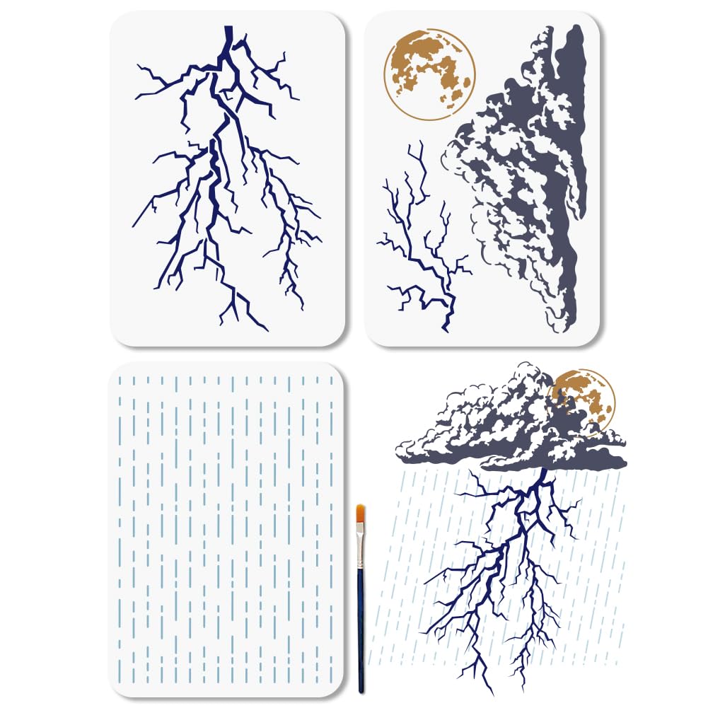 MAYJOYDIY 3Pcs Layered Lightning Stencils Reusable Rainy Weather Stencil for Painting 21×29.7cm Nature Storm Drawing Template with Brush for Wall Furniture Floor Canvas Scrapbook Decor