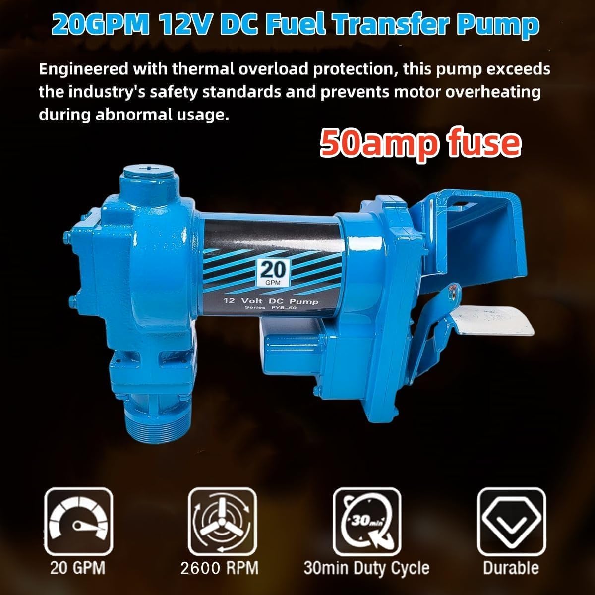 20 GPM 12 Volt Fuel Transfer Pump High Flow DC Transfer Pump Gasoline Pump for Transfer of Gasoline, Diesel, Kerosene, Ethanol & Methanol Blends & Biodiesel, with Discharge Hose & Manual Nozzle, Blue