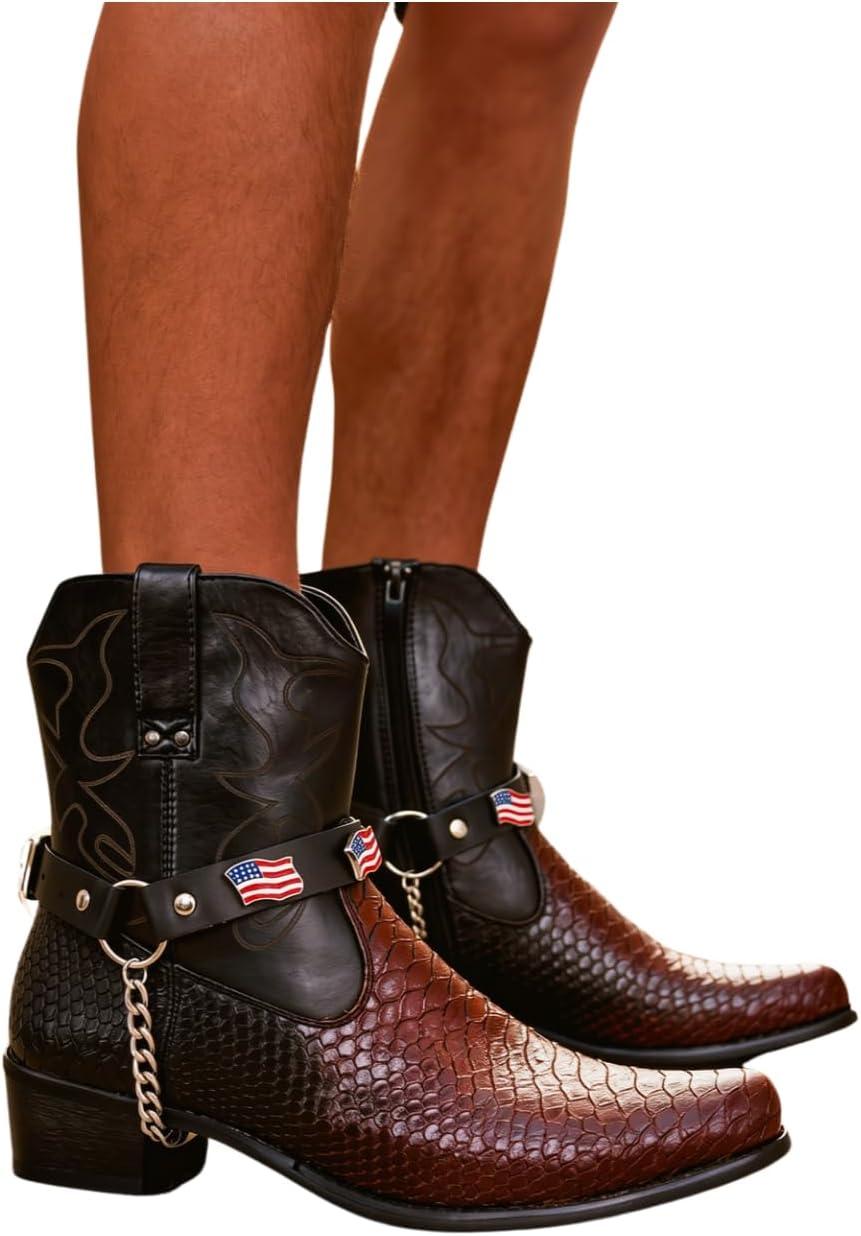 TrendyFashionJewelry Men Biker Jewelry Boots Black Leather Pair Straps Silver Metal Chains USA American Flag Charm M19