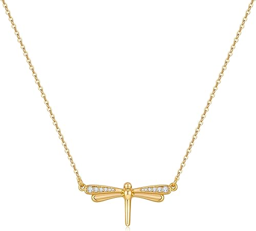 HESSAWELL Gold Pendant Necklace for Women, Elegant Dragonfly Pendant Necklace, D
