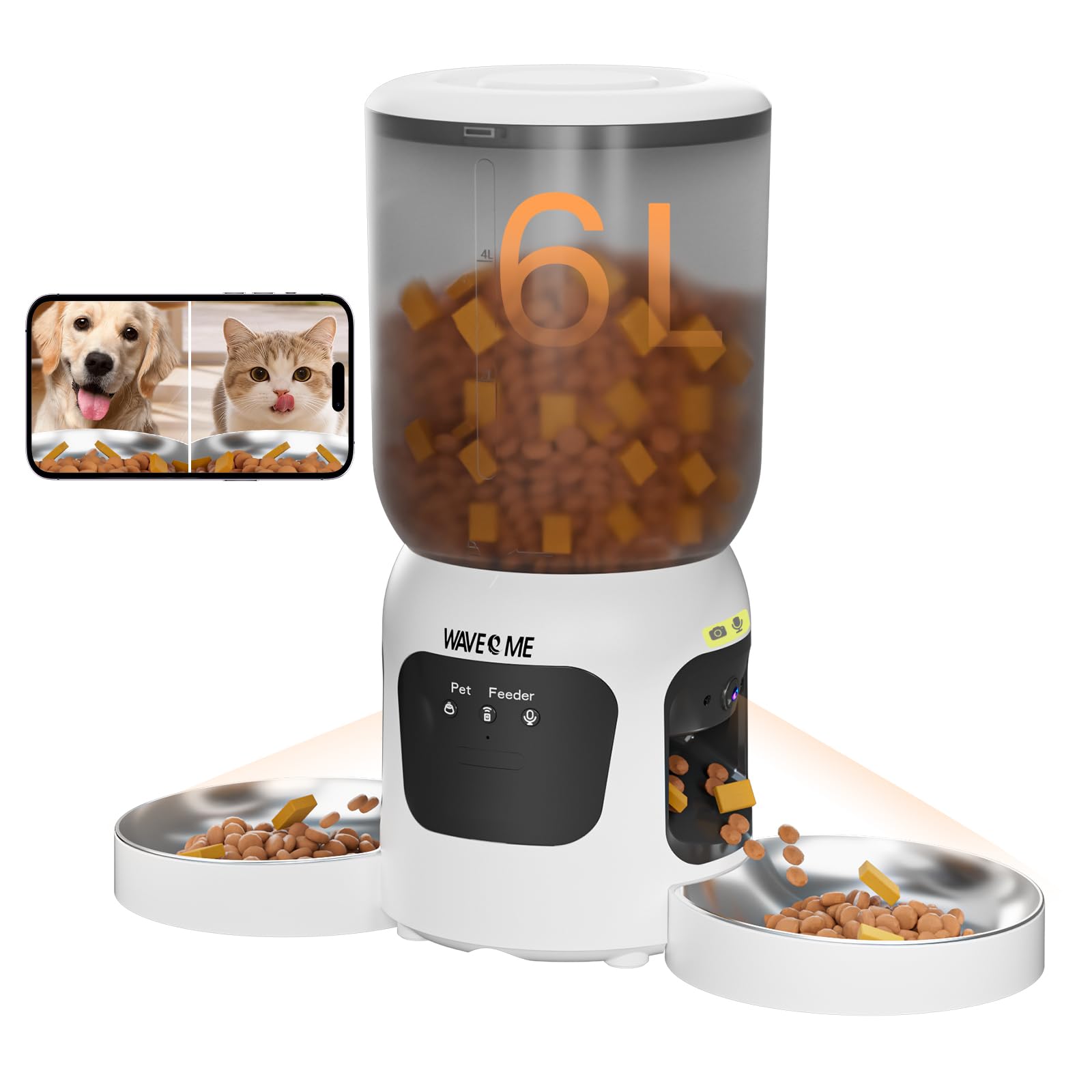 Futterautomat Katze mit Kamera, 6L Dual-WLAN Spender für 2 Katzen | 15 Mahlzeiten, 2-Wege-Audio & Nachtsicht, Futternapf aus Edelstahl für Katzen und Hunde, App-Steuerung per 2.4G/5G WLAN