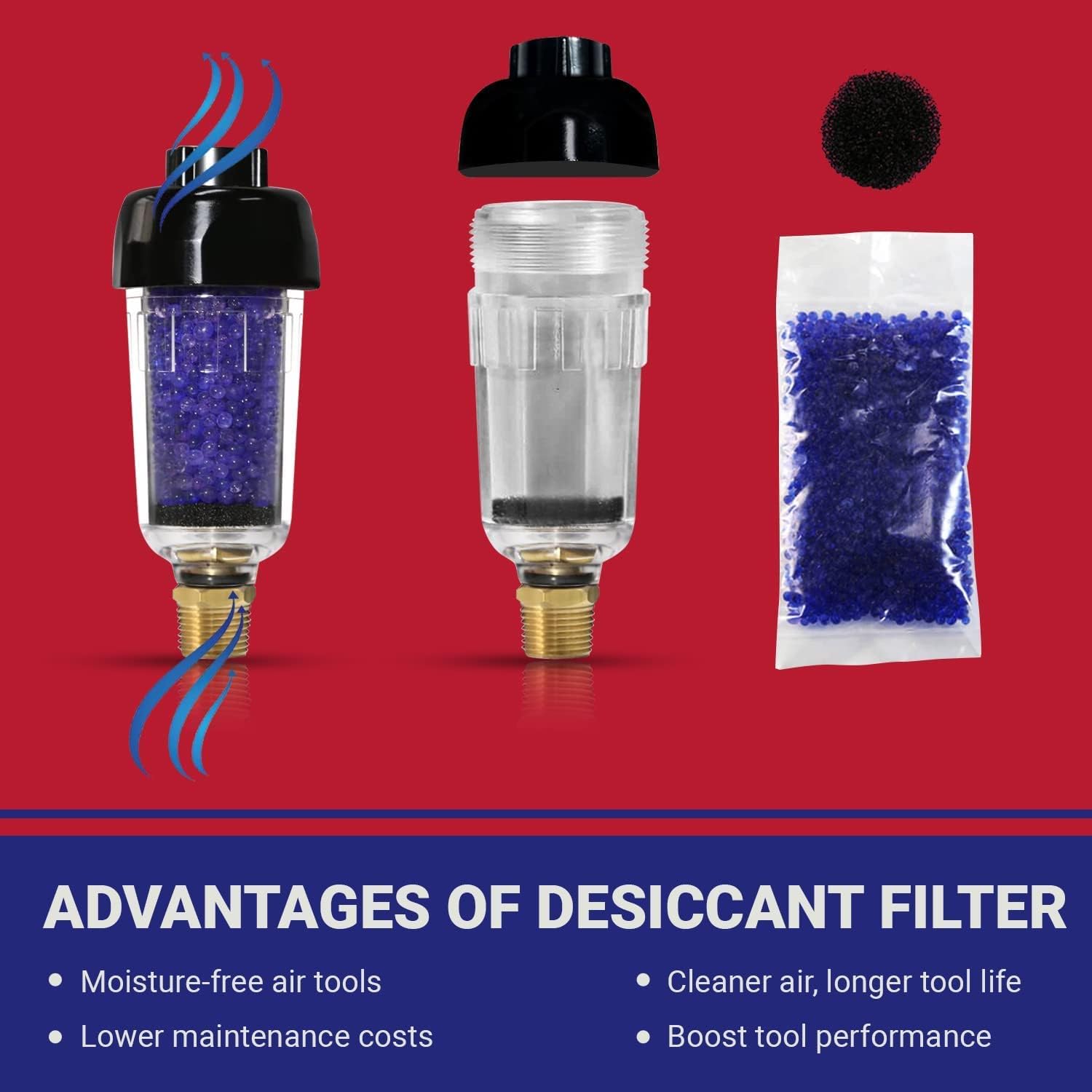 Image showing the disassembled ZN312E-3 desiccant filter with its components: top cap, transparent housing, internal filter, and a bag of blue desiccant beads.