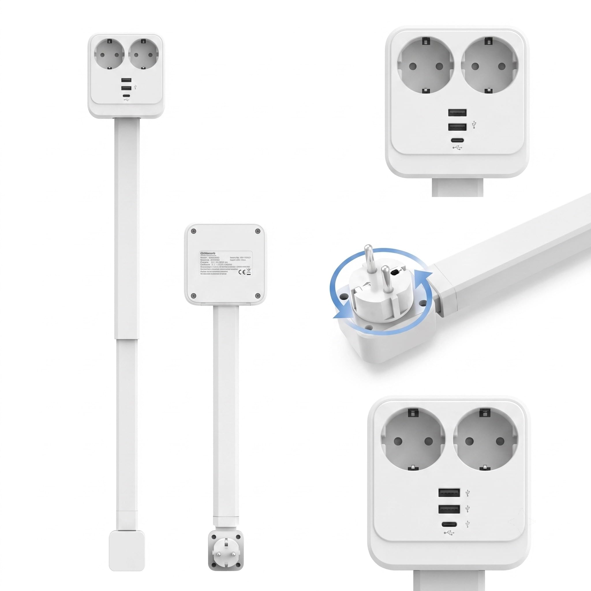 Regleta extensible, alargador de enchufe con 2 enchufes redondos, 2 USB-A y 1 USB-C, giratorio 270°, sin cable, para enchufes retráctiles difíciles de alcanzar detrás de sofás, escritorios