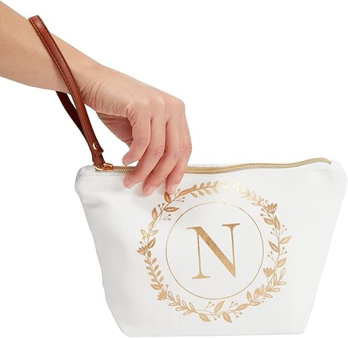 Miniatura 3 de Bolsa de maquillaje personalizada con inicial dorada para mujer, bolsa de cosméticos de lona con monograma, color blanco, Blanco, Dorado, 40