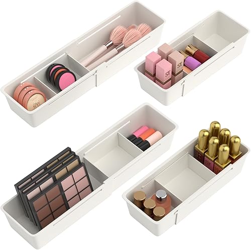 Bandeja organizadora de cajones de escritorio, paquete de 4 organizadores de cajones expandibles con divisores ajustables, cubos organizadores de