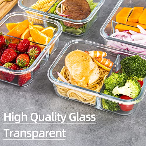 Czumjj Glass Meal Prep Containers 2 Compartment With Lids (5 Pack, 34Oz), Divided Glass Storage Containers For Lunch At Work, Leak-Proof Portion Control Food Containers, Microwave/Dishwasher Safe #TOP6