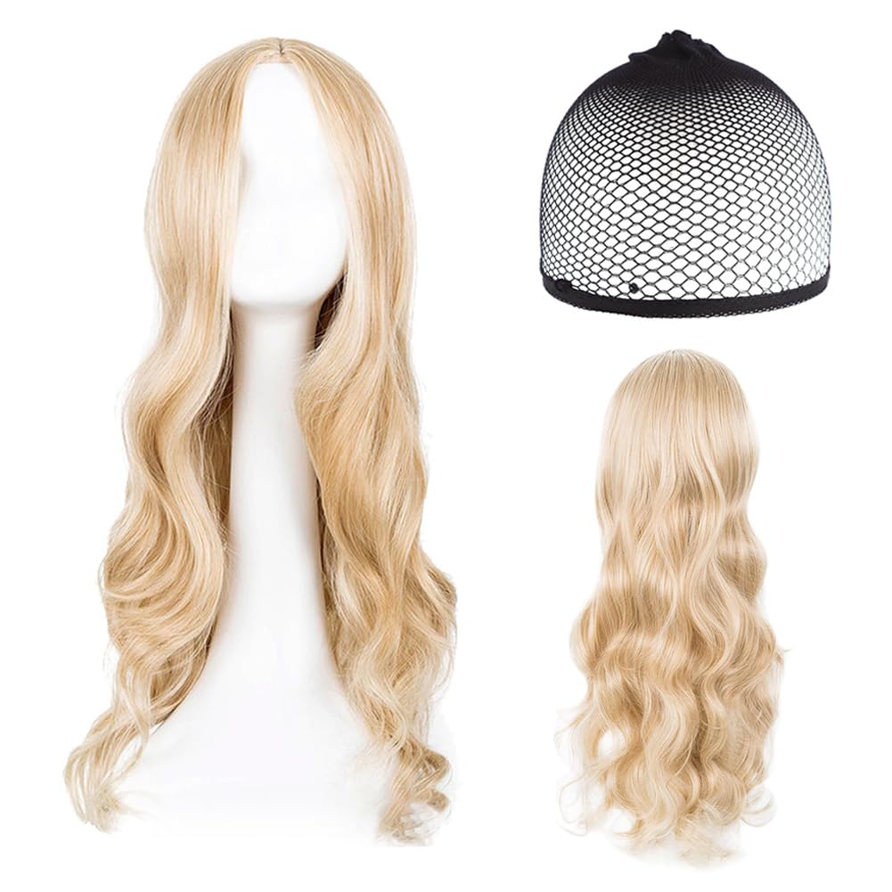 SWZY 2pcs Long Blonde Wave Wigs For Women Girls With Black Mesh Wig Cap,28 Inch/70cm Charming Women's Long Curly Full Hair Wig,Replacement Wigs For Cosplay Party Daily Use